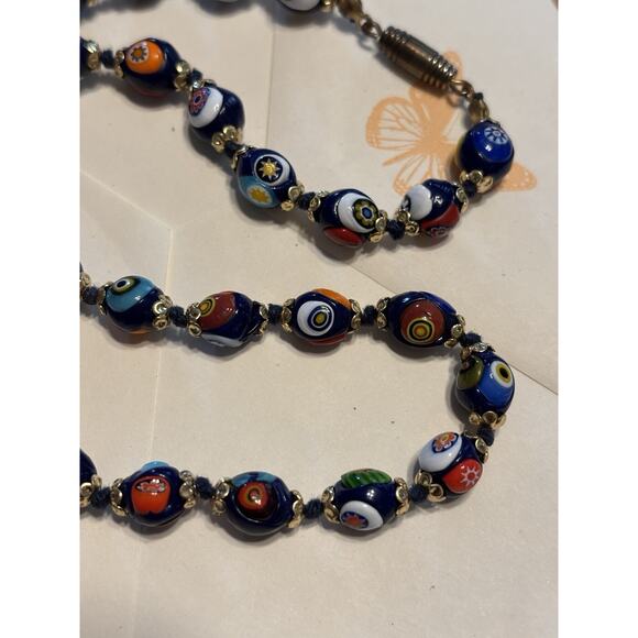 Vintage Italian Millefiori Necklace 17” Colorful Glass Beads Hand Knotted Choker - Picture 3 of 7